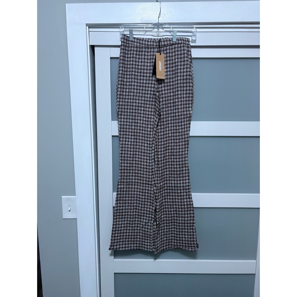 Afends Hemp Seasucker Flare Coffee Brown Plaid Pants Ladies sz S Small NEW